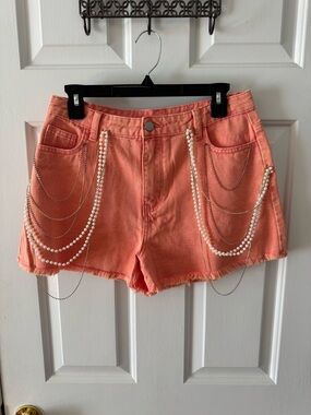 Peach Love California Coral Denim Shorts with Pearl & Chain Trims
